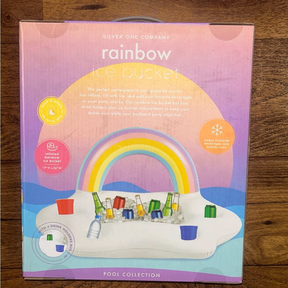 Inflatable Rainbow Ice Bucket New With 4 Drink Holder 19”H ~Pool Collection ~New